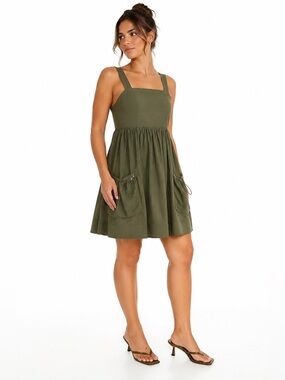 Forever 21 Olive Green Square-Neck Pocket Mini Dress